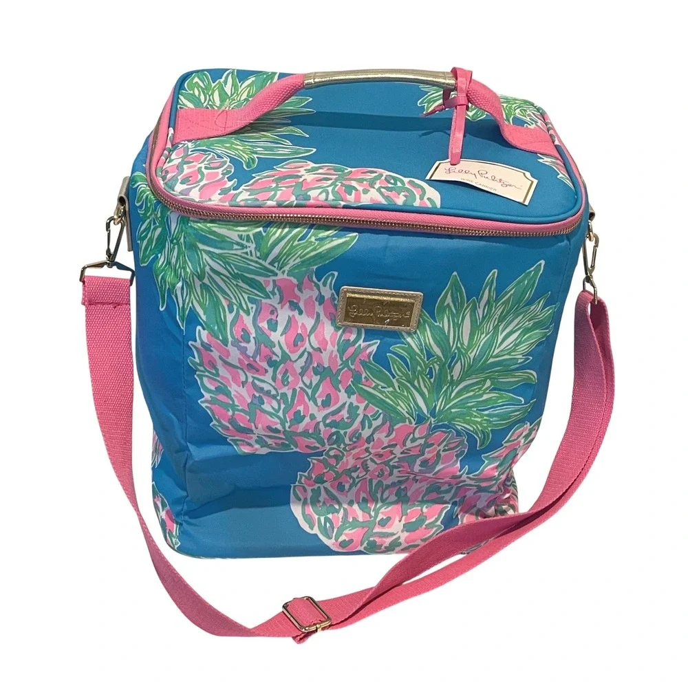 Lilly Pulitzer Wine Carrier Bag Blue Pink Pineapple Print Insulated 4 Bottle NWT
